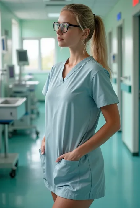 young nurse, 25 years old, weird figure ,  long beautiful legs ,  beautiful big breasts,  in a short medical gown,  blond hair ponytail , in glasses, in the ward  