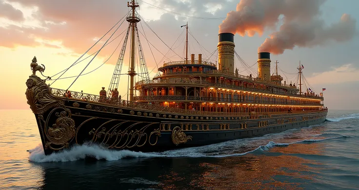 100-foot steamboat from the 1800s, steam-powered, steampunk, excessively decorated with golden rococo all over the side of the boat, with a well-evidenced Victorian design with many curved lines in black and gold, all the external decoration is made with g...