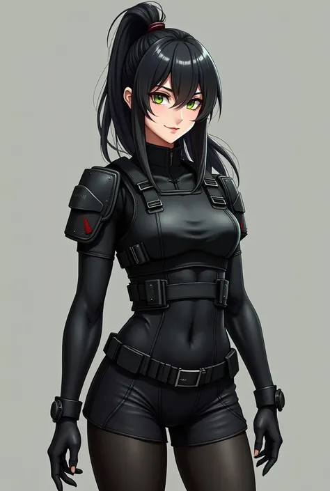 woman,  Long hair, fringe,  black hair,  tall ponytail, hair rings, gentle smile, evil smile,  green eyes,  body with defined muscles,  Wearing short black jumpsuit long black stocking,  bulletproof vest , Black shorts , using protectors on knees and elbow...