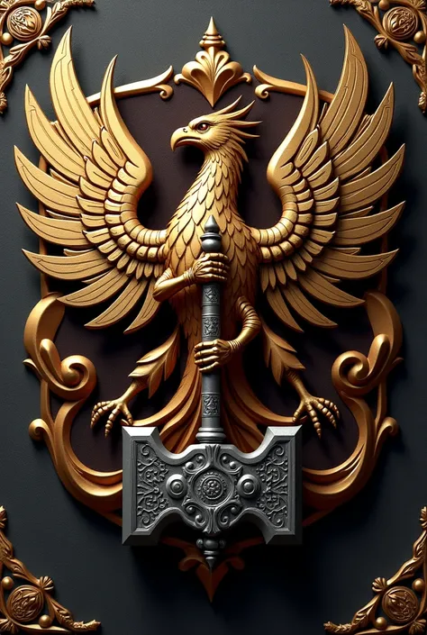  Create a coat of arms with the Phrase "House of Potter"  and a Phoenix holding a warhammer 