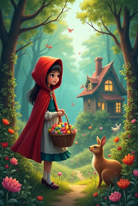  Create for me an image of the little red riding hood  with his house in the background of the image ,  around an extremely colorful and striking forest with many colorful animals , She needs to have a sweet and mysterious look ,  and hold a basket of cand...