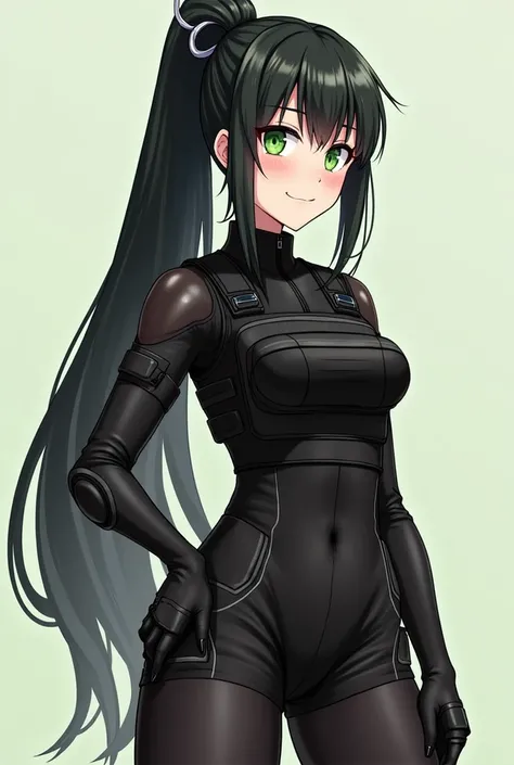 woman,  Long hair, fringe,  black hair,  tall ponytail, hair rings, gentle smile, evil smile,  green eyes,  body with defined muscles,  Wearing short black jumpsuit long black stocking,  bulletproof vest , Black shorts , using protectors on knees and elbow...