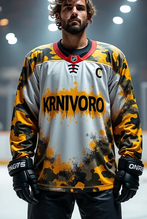 Camouflaged white nhl shirt , yellow, black and red, with the word KRNIVORO graffiti type on the chest, with Christmas details on the arms.
