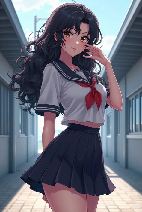  anime girl image,  perfect body , Black and curly haired girl and school uniform,  but provocative and beautiful, a lot to offer 