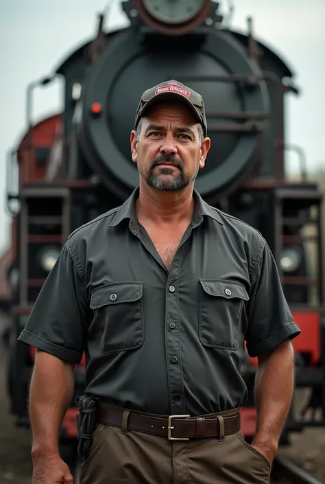 Brown man with short shaved hair, brown eyes and a bit bearded train driver.