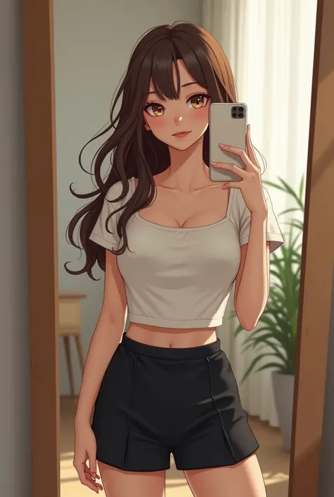 Photo of Chacia a 17-year-old teenager with long brown hair ,  brown eyes,  dressed in a white top and a black skirt corta taking a full body photo in front of a mirror with her cell phone