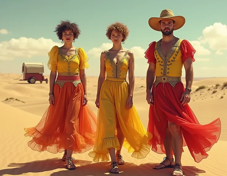  The image of three desert characters , Turn Front ,  2 women and 1 man wearing circus jugglers clothing from the 1920s, Yellow and red clothes ,  clothes of poor circus jugglers from the 1920s ,  Circus artist traveling in a desert caravan .