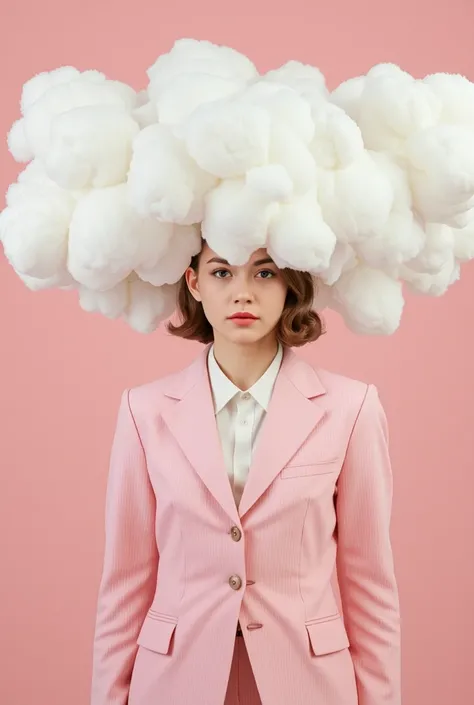 Surrealistic photograph of a girl in a business pink suit, with her head covered with large fluffy cotton clouds, face not visible. pastel color scheme with a retro-futuristic 1970s mood.


