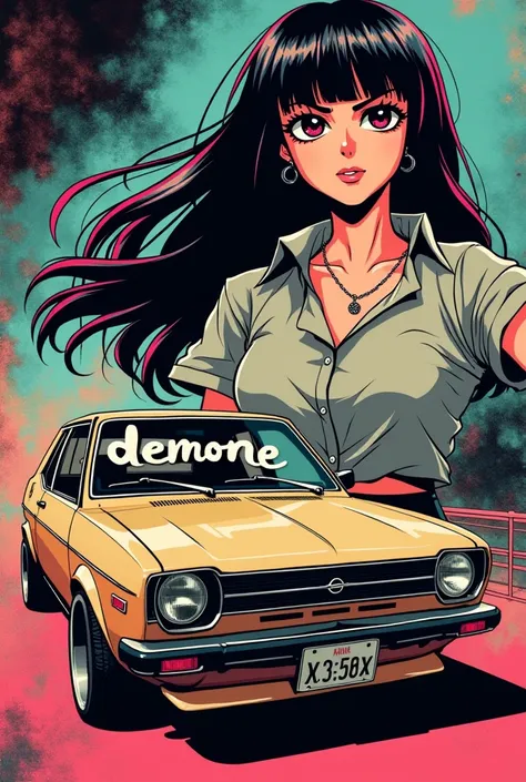  A Japanese 80s stylo poster featuring a slapped girl wearing  ,long black hair with gray highlights that has a square fringe, broad nose, Cachetona and a tuned sand-colored 2005 Sentra car with letters on the windshield that say DeMone