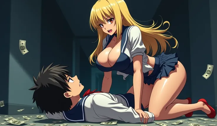 Create a cocky blonde anime-style girl with a school uniform and big breasts that is in front of her and a sad boy on the floor with a dark background with green money give the girl big breasts bigger breasts and a mean face to put on an angry face and big...