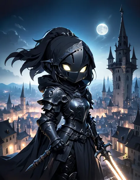 Female assassin, cute cartoon iron mask, with giant scythe, hood, black armor, on top of a tower with a moonlit medieval city in the background (showing from the waist up)
