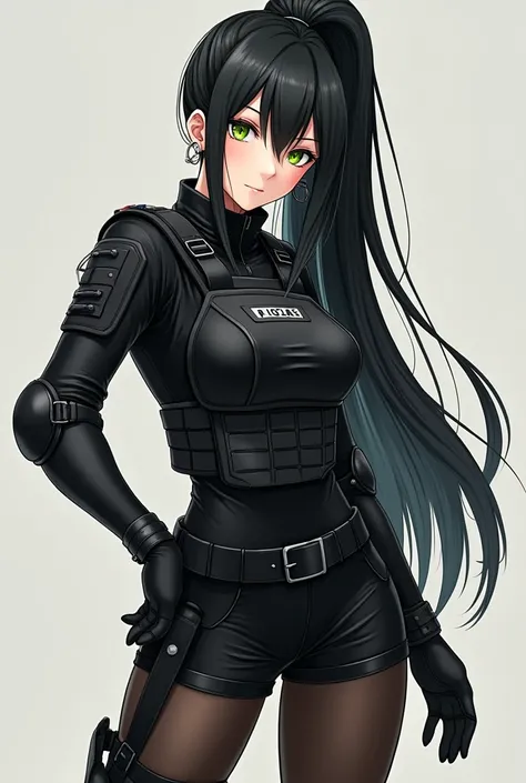 woman,  Long hair, fringe,  black hair,  tall ponytail, hair rings, gentle smile, evil smile,  green eyes,  body with defined muscles,  Wearing short black jumpsuit long black stocking,  bulletproof vest , Black shorts , using protectors on knees and elbow...