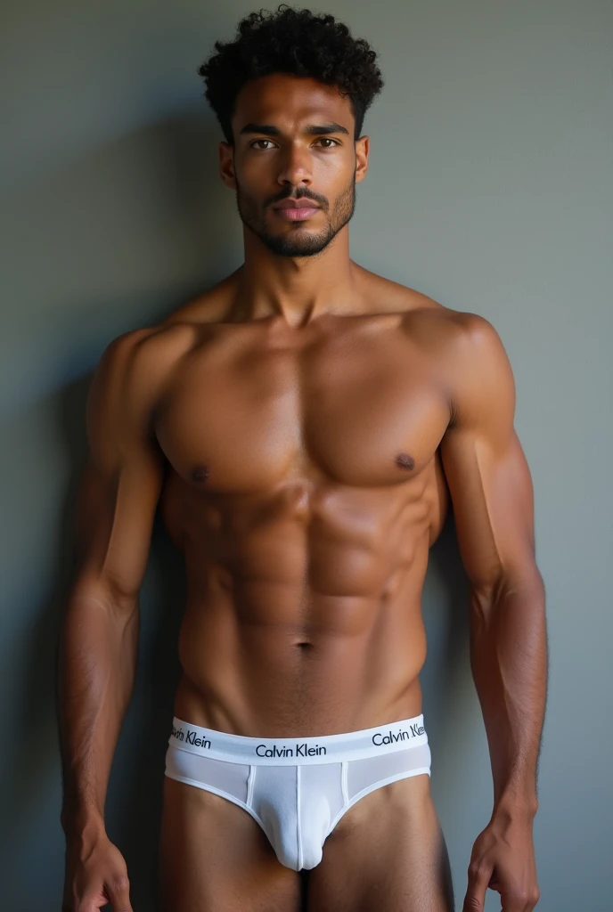 Handsome fiji Guy, Photoshoot, Shirtless, Abs, Wearing Calvin Klein" Underwear, Detailed Face, Detailed, Detailed Skin, Highly Detailed, Ultra HD, Handsome Face, Standing, Grey wall as an background, Full Body, Short Curl Hair, Melanesian

