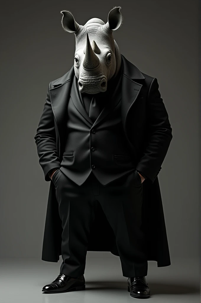 A rhinoceros dressed in black 