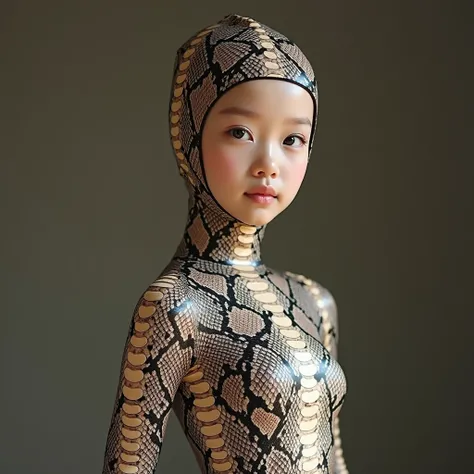 Seventeen years old most beautiful and thinest Asian Chinese teenager girl with beautiful cheeks wears Python snake print lycra zentai turtleneck unitard catsuit covered with patterns.She always wear Python snake print lycra inner hood-like stretchy swimmi...