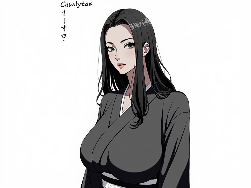 anime, kimono black, mature female, big hugr large boobs, large neckline, Asian,  Long black hair, colorful, anime