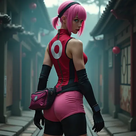 photograph of Ninja ,   pink hair,   emerald green eyes  ,  Red sleeveless top , high neck, cremallera,   white circular design on the back,  pink short skirt,  black compression shorts ,   black gloves , black shinobi sandals  , headband tied  , Short hai...