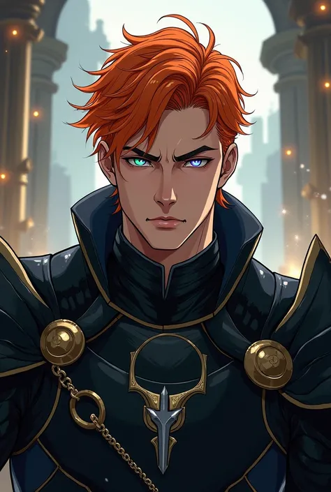 Male Character
Manga/Manhwa design
Orange Hair
Eyes with heterochromia (green and purple) 
Wears black armor 
He is a King 
Threatening Aura 
Handsome man 