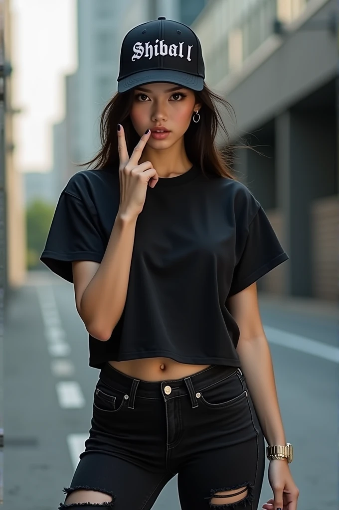  Beautiful Korean woman wearing black t-shirt ,picture of sangar cat , ripped black jeans ,sneakers, black hip hop model hat with the inscription SHIBALL, standing full body on the sidelines facing the camera , with middle finger style 🖕, ultra Hd realist ...