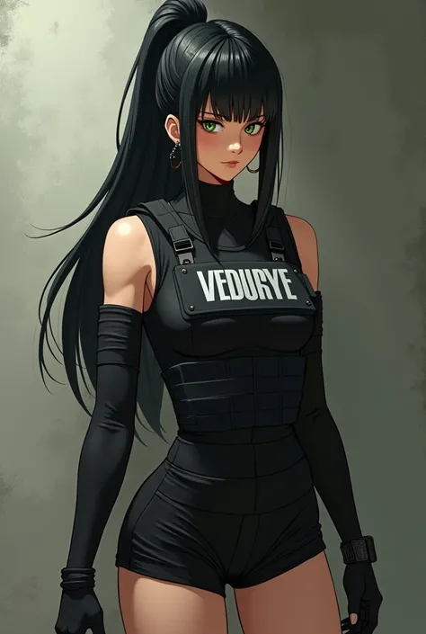 woman,  Long hair, fringe,  black hair,  tall ponytail, hair rings, gentle smile, evil smile,  green eyes,  body with defined muscles,  Wearing short black jumpsuit long black stocking,  bulletproof vest , Black shorts , using protectors on knees and elbow...