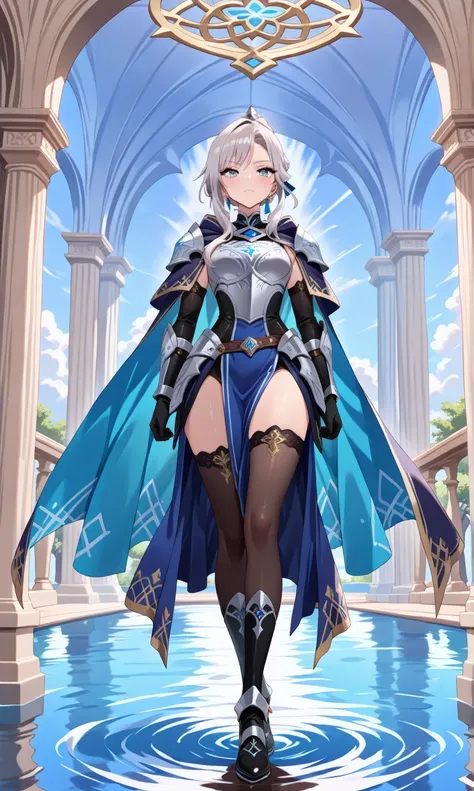 (((Masterpiece, best quality, high detailed, 16k))) (1girl) A woman of medium build with short silver hair and deep blue eyes like the ocean. She wears silver-detailed armor with a dark blue cloak. Orana controls air and water, conjuring storms and mists t...