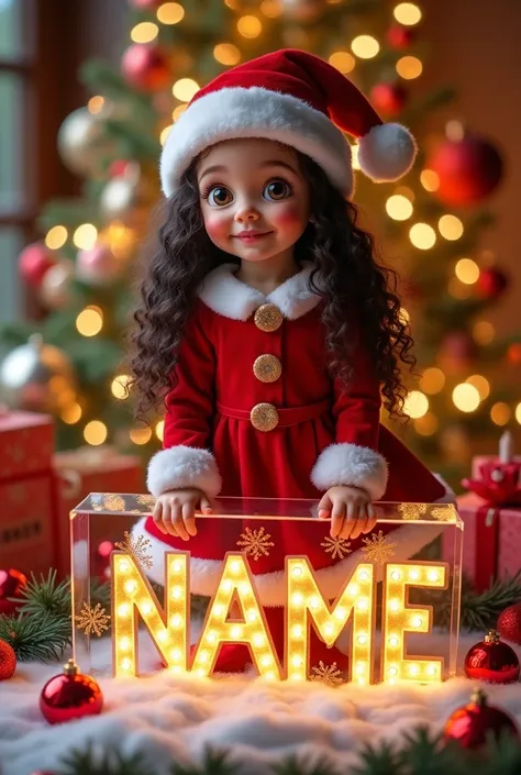  A three-dimensional photo of a bright girl in a Santa Claus dress, wearing a red dress, red boots and dark long curly hair. She has colored eyes. Sugar. She has Christmas gifts and an ornate Christmas tree. Behind her a clear acrylic sign with a name. "Na...