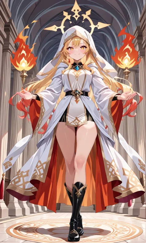 (((Masterpiece, best quality, high detailed, 16k))) (1girl) A young woman with fiery golden hair and amber eyes that seem to burn with an eternal flame. She wears light robes adorned with mystical runes that glow in shades of orange and gold. Solara comman...