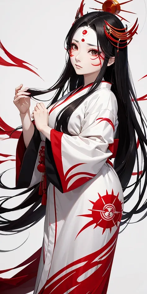 Amaterasu okami, japanese goddes of the sun, woman, middle age, thin body, full body, wearing kimono white and red, black long hair, pale skin, red facial makeup, look calm and graceful, looking forward, long sleeves, minimalist, solid background