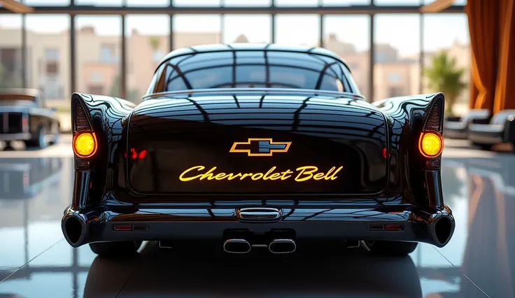 Create a 3d render  car design   back end 2025 Chevy Bel air back end black  clour with a “2025 Chevy Bel air back  end  ” logo Chevy Bel air on back.  “” on its   right style . and. Headlights“in pure glossy yellow with ultra detailed glossy shining image...