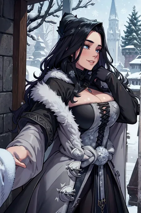 medieval fantasy, profile, dark-age fantasy, (european noblewoman:1), in her 40s, ample cleavage, long black hairs, thick (winter coat:1.7), long robes, in a royal garden, winter, snow, seducing someone off-screen, confident, confident seductive smile, han...