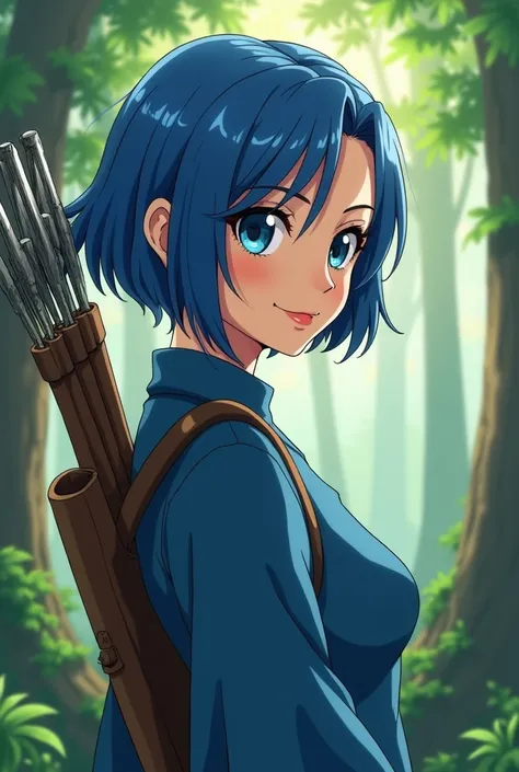  30-year-old archers apprentice , 30 years old, very beautiful and smiling .  definition ,  with a seductive look ,  His clothes fit his curvilinear body ,  he has an arc in a position to pull , light skin,  of very short blue hair above his ears ,  his ba...