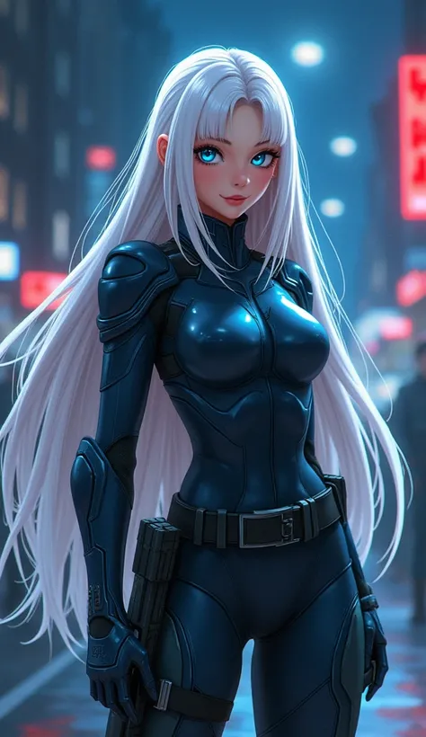 Animation illustration depicting a blue-eyed girl with charming long white hair and Suerto. Shes part of RoboCop, a special police force with equipment and advanced technology. The uniform embodies elegance and futurism, with elements of ruggedness and ele...