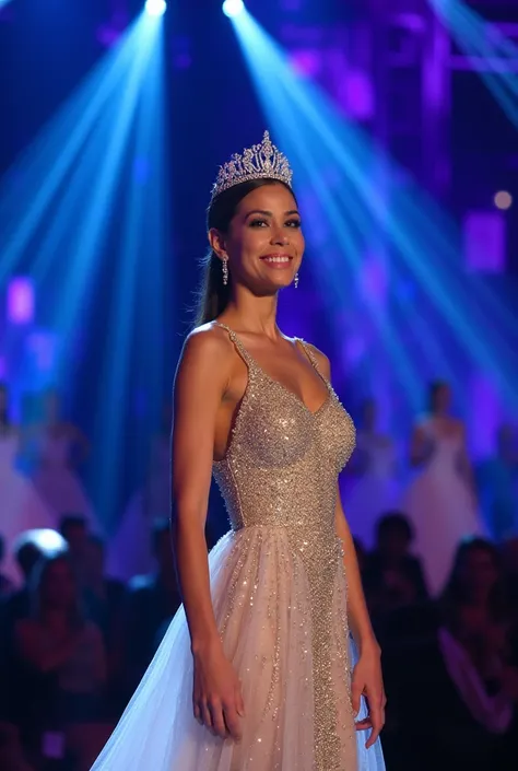 Of course!  Here is a promat for a visual about Miss Universe :

Promat :
 An elegant woman standing on the magnificent stage of Miss Universe ,  wearing a luxurious evening gown full of gold and silver sparkles ,  with a crown of jewels on her head .  The...