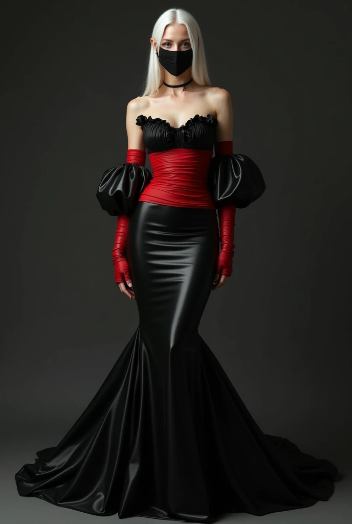  Realistic full body photo to include the whole outfit，A young Russian woman stands ，180 cm tall ， big  but thin waist ，Pure white hair ， Long hair straight to the waist，Hair pulled to the front ， Full body wearing black royal latex mermaid dress，The whole...