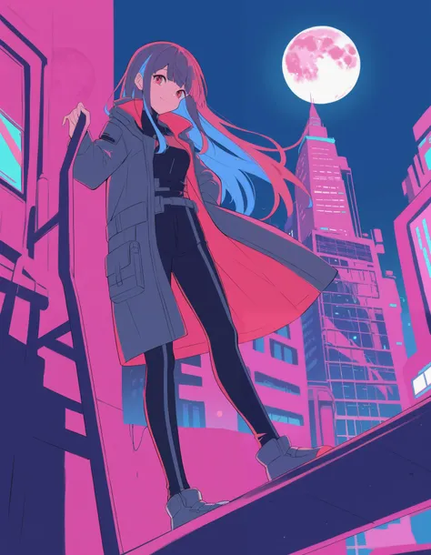 colorful, 1girl, colorful, colorful, cyberpunk, ladder, looking at viewer, moon, multicolored hair, two-tone hair, pink theme, long hair, solo, closed mouth, limited palette, full moon, building, smile, outdoor, city lights, masterpiece, best quality, newe...