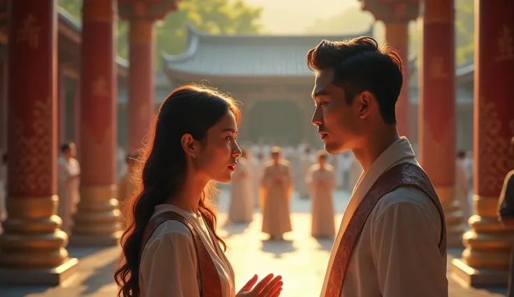 A family gathering at a temple: A serene temple courtyard, filled with people offering prayers. A young couple, deep in conversation, their faces filled with hope and understanding.