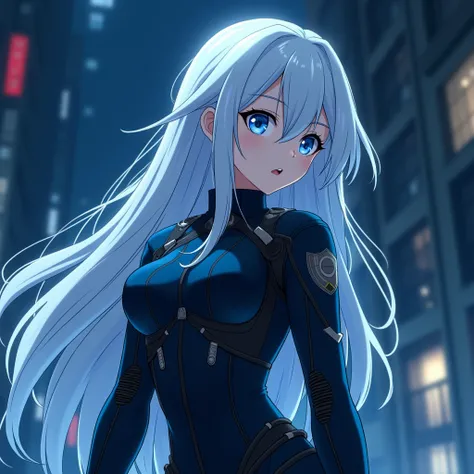 Animation illustration depicting a blue-eyed girl with charming long white hair and Suerto. Shes part of RoboCop, a special police force with equipment and advanced technology. The uniform embodies elegance and futurism, with elements of ruggedness and ele...