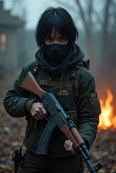 1 girl, stalker, in Chernobyl, with ak-74, dressed in stalker suit, near the campfire, mask, short hair, black hair, looking at viewer, feet out of frame, 