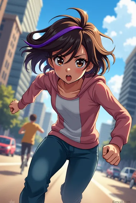 Girl with short brown hair with a lock of purple hair brown eyes  ,Running in profile body with anime style Boku No Hero in the background a city,boku no hero style