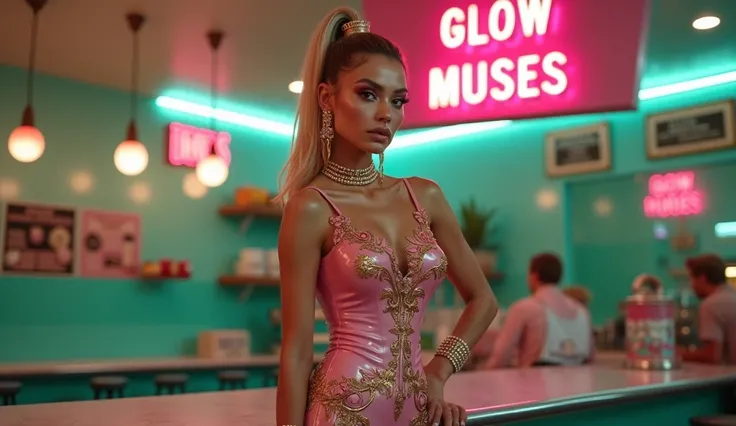 cefp editorial fashion photograph of a haute couture model wearing a skin tight pink latex gown in a donut shopwith a neon sign written "Glow Muses" in pink color, (the pink dress has Latex Roses details, Slim skinny supermodel body, Super long skinny legs...