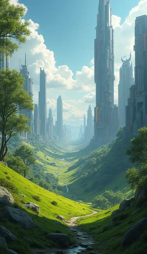 The left side represents the past of green landscape ,  the right side represents the future with a futuristic city