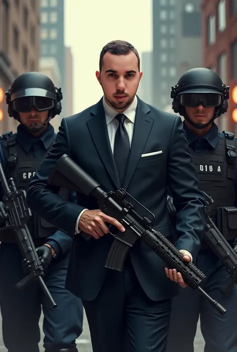 SWAT officers are escorting a bald man in a suit with a rifle in his hands