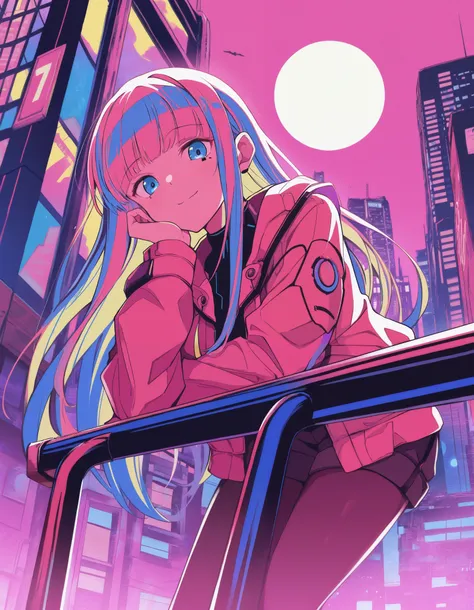 colorful, 1girl, colorful, colorful, cyberpunk, ladder, looking at viewer, moon, multicolored hair, two-tone hair, pink theme, long hair, solo, closed mouth, limited palette, full moon, building, smile, outdoor, city lights, masterpiece, best quality, newe...