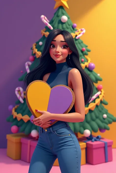 Woman 30 years, long straight black hair, wearing high rise flare very long dark jeans with dark blue sleeveless turtleneck and white sneakers. Holding carton board large heart half bright yellow and the other half purple. At telethon next to Christmas tre...