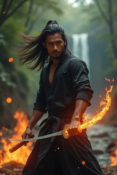 Hyper-maximalism, 4K, highly detailed image,, a handsome and good looking muscular physique Malay warrior, long hair blown in wind, he wears a black clothes and black loose pants with black fabric belt tied on his waist with Malay black head dress "Tanjak"...