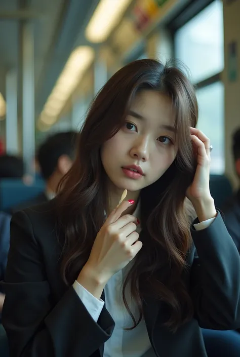 Korean girl kpop idol as office girl fluffy wavy brunette long hair, sitting on a train amongst many salaryman, wiping her sweat, dramatic live action movie capture