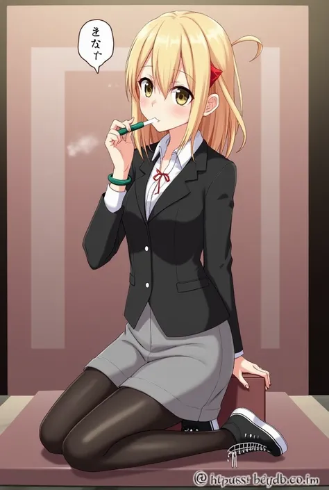 score_9,score_8_up,score_7_up, BREAK 1girl dark blonde hair, hazel eyes, cross necklace, bracelet, blouse, black blazer, medium-length grey skirt, sneakers, shint black pantyhose, on knees at altar, looking down, looking on viewer, inhaling poppers, very a...