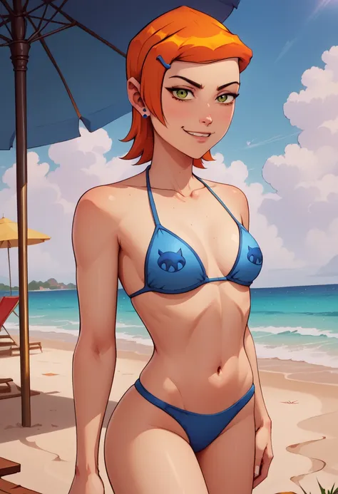 ((NSFW: 2)), ((High definition)), ((High quality)), ((best quality)), ((better quality)), ((masterpiece)), (detailed), (high detailed), (Ben 10), Gwendolyn Tennyson, young, , beautifull, perfect face, thight skimpy micro blue bikini, NSFW, in the beach, se...