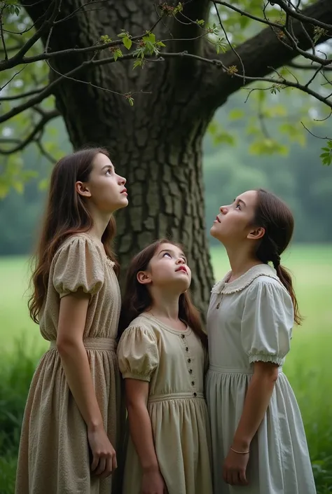 Photo of three sisters between ten and eighteen looking up a tree, very nervous