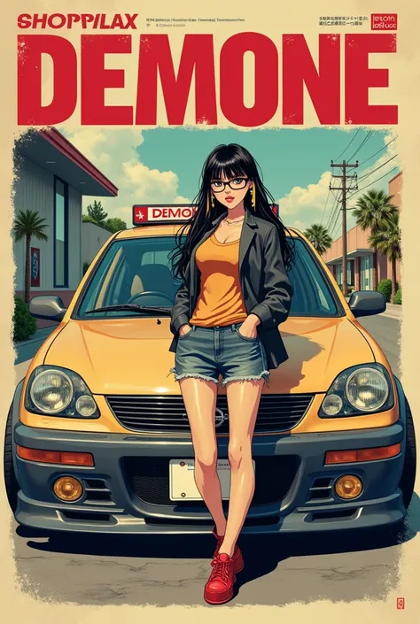 A tuning stylo poster from the Japanese 80s with a 30-year-old girl who is half chubby with glasses and an arrogant face with long black hair with blond lights who has a square fringe, broad nose, Slap up and in the front a tuned sand-colored 2005 Sentra c...